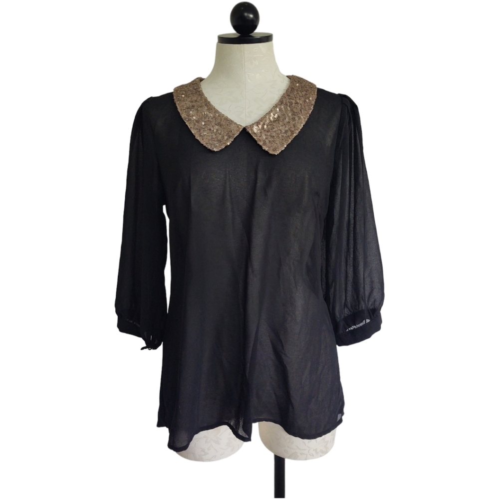 BKE Red Sheer Black Blouse Gold Sequin Collar Button Back Drop Tail Size  Small
